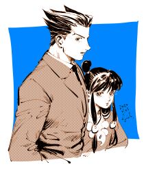 Rule 34 | 1boy, 1girl, ace attorney, black hair, blue background, blunt bangs, character profile, dated, eyelashes, hair bun, jacket, jewelry, kotteri, long hair, long sleeves, looking at viewer, low-tied sidelocks, magatama, magatama necklace, maya fey, necklace, necktie, phoenix wright, profile, short hair, simple background, upper body, white background