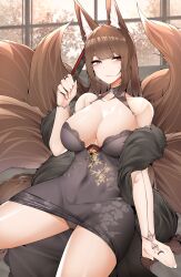 Rule 34 | 1girl, absurdres, amagi (azur lane), amagi (red kite respite) (azur lane), animal ear fluff, animal ears, arm support, azur lane, black dress, black panties, breasts, brown eyes, brown hair, cleavage, closed mouth, collarbone, dress, fox ears, fox girl, fox tail, hand fan, highres, holding, holding fan, indoors, jewelry, large breasts, long hair, looking to the side, official alternate costume, panties, paper fan, ring, samip, sidelocks, sitting, solo, tail, thighs, underwear, window