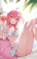 Rule 34 | 1girl, :o, ahoge, alternate costume, bad id, bad pixiv id, bikini, blush, braid, breasts, cleavage, cleavage cutout, clothing cutout, commentary request, cup, cushion, drinking glass, drinking straw, food, frilled bikini, frills, fruit, green eyes, hair ribbon, hammock, hatsuno xxx, heart cutout, highres, holding, holding cup, hololive, knees up, leg up, legs, long hair, looking up, medium breasts, navel, open mouth, pink hair, ribbon, sakura miko, side ponytail, sitting, solo, strawberry, swimsuit, thighs, virtual youtuber, white ribbon