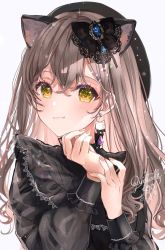 Rule 34 | 1girl, animal ears, black dress, blush, cat day, cat ears, collared dress, dress, earrings, hair ornament, hat, highres, jewelry, long hair, long sleeves, looking at viewer, original, puracotte, smile, white background