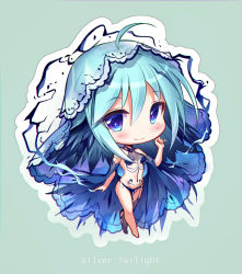 Rule 34 | 1girl, aqua hair, arm at side, bare legs, bare shoulders, barefoot, blue eyes, blue hair, blush, breasts, breasts apart, chibi, closed mouth, cthulhu mythos, full body, groin, hair between eyes, hand up, head tilt, looking at viewer, medium breasts, multicolored hair, original, revealing clothes, see-through, sidelocks, smile, solo, standing, stomach, streaked hair, thighs, two-tone hair, yadamon (neverland)