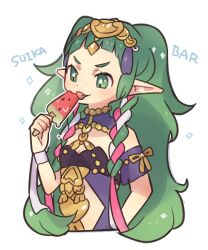 Rule 34 | 1girl, arched bangs, breasts, bright pupils, commentary, fire emblem, fire emblem: three houses, food, green eyes, green hair, haconeri, hand on own hip, jewelry, licking, long hair, nintendo, pointy ears, popsicle, simple background, small breasts, solo, sothis (fire emblem), symbol-only commentary, tiara, upper body, v-shaped eyebrows, watermelon bar, white background