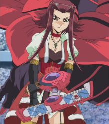 Rule 34 | 1girl, black rose dragon, breasts, cleavage, duel disk, fingerless gloves, gloves, hair intakes, izayoi aki, jewelry, large breasts, necklace, screencap, skirt, third-party edit, yu-gi-oh!, yu-gi-oh! 5d&#039;s