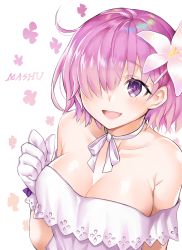 Rule 34 | 1girl, bad id, bad pixiv id, bare shoulders, blush, bow, breasts, character name, cleavage, collarbone, commentary request, cpqm, dress, fate/grand order, fate (series), flower, gloves, hair flower, hair ornament, hair over one eye, hand up, highres, large breasts, looking at viewer, mash kyrielight, mash kyrielight (formal dress), off-shoulder dress, off shoulder, official alternate costume, pink hair, purple eyes, ribbon, solo, white background, white bow, white dress, white flower, white gloves, white ribbon