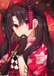 Rule 34 | 1girl, alternate costume, bad id, bad pixiv id, black gloves, closed mouth, earrings, fate/grand order, fate (series), gloves, hair ornament, hand up, holding, holding umbrella, ishtar (fate), jewelry, kanzashi, karokuchitose, long hair, looking at viewer, obi, parted bangs, sash, smile, solo, tohsaka rin, two side up, umbrella, upper body
