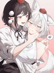 Rule 34 | 2girls, animal ear fluff, animal ears, bare shoulders, black hair, black ribbon, blush, breasts, brown eyes, collared shirt, commentary request, crossed arms, crossed bangs, detached sleeves, gradient background, hair between eyes, hand on another&#039;s chin, hand on another&#039;s shoulder, hat, highres, inubashiri momiji, long sleeves, looking at another, looking at viewer, medium breasts, multiple girls, neck ribbon, open mouth, pink background, pointy ears, pom pom (clothes), pout, ribbon, sarukana, shameimaru aya, shirt, short hair, simple background, sleeve garter, smile, spoken squiggle, squiggle, tail, teeth, tokin hat, tongue, touhou, upper body, white hair, white shirt, wide sleeves, wolf ears, wolf girl, wolf tail