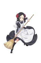 Rule 34 | 1girl, apron, black eyes, black footwear, black hair, boots, broom, eyebrows, fighting stance, forehead, full body, highres, legs apart, looking at viewer, maid apron, official art, princess principal, princess principal game of mission, solo, standing, toudou chise, transparent background, wide stance