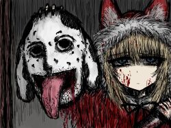 Rule 34 | 1girl, 1other, animal hood, black souls, blonde hair, blood, blood in hair, blood on clothes, blood on face, blood on hands, blood splatter, bloody weapon, blue eyes, capelet, closed mouth, expressionless, fur-trimmed hood, fur trim, grey background, holding, holding knife, holding weapon, hood, hood up, horror (theme), knife, looking at viewer, mask, medium hair, neck ribbon, official art, open mouth, red capelet, red dead hood, red hood (black souls), ribbon, sidelocks, simple background, sketch, solo, sushi yuusha toro, tongue, tongue out, upper body, weapon