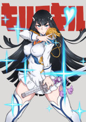 Rule 34 | 1girl, arm across chest, black hair, blue eyes, blue ribbon, boots, breasts, epaulettes, feet out of frame, grey background, hair between eyes, hair ornament, heart, high collar, junketsu, kamui (kill la kill), katana, kill la kill, kiryuuin satsuki, large breasts, light rays, long hair, looking at viewer, pleated skirt, ribbon, scabbard, school uniform, sheath, skirt, solo, sword, thick eyebrows, thigh boots, thighhighs, thighs, user fggg2888, weapon, white thighhighs