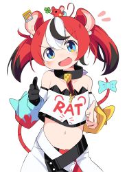 Rule 34 | 1girl, :d, ^^^, absurdres, animal ears, bare shoulders, belt, black collar, black gloves, black hair, blue eyes, cheese, collar, commentary request, crop top, detached sleeves, farrel kb, finger gun, food, gloves, hair ornament, hakos baelz, hands up, highres, hololive, hololive english, key, long hair, long sleeves, looking at viewer, midriff, mouse ears, mouse girl, mouse tail, mousetrap, multicolored clothes, multicolored hair, multicolored skirt, nichijou, off-shoulder shirt, off shoulder, open mouth, parody, pointing, pointing at viewer, red hair, shirt, simple background, single glove, skirt, smile, solo, spiked collar, spikes, strapless, strapless shirt, streaked hair, tail, twintails, upper body, v-shaped eyebrows, virtual youtuber, white background, white hair, white shirt
