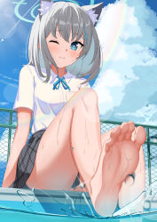 Rule 34 | 1girl, absurdres, animal ear fluff, animal ears, barefoot, black skirt, blue archive, blue eyes, blue sky, blush, breasts, closed mouth, collared shirt, cross hair ornament, day, extra ears, feet, foot focus, foot out of frame, from below, grey hair, hair ornament, halo, highres, looking at viewer, medium breasts, medium hair, neck ribbon, one eye closed, outdoors, plaid, plaid skirt, pool, rainbow, ribbon, rindou ringdong, school uniform, shiroko (blue archive), shirt, short sleeves, skirt, sky, smile, soaking feet, soles, solo, splashing, thighs, toes, water, wet, white shirt