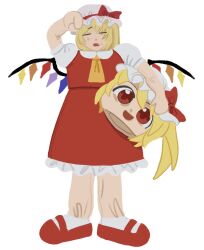 Rule 34 | 1girl, ascot, blonde hair, bow, closed eyes, cosplay, daiouika 495, fang, flandre scarlet, flandre scarlet (cosplay), full body, hat, hat bow, highres, holding, mary janes, medium hair, mob cap, multicolored wings, one side up, open mouth, puffy short sleeves, puffy sleeves, red bow, red eyes, red footwear, red skirt, red vest, shirt, shoes, short sleeves, simple background, skirt, skirt set, socks, solo, standing, sweat, touhou, vest, white background, white hat, white shirt, white socks, wings, yellow ascot