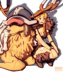 1boy 1girl alternate_form antlers antlers_through_headwear arm_strap bandaid bandaid_on_cheek bandaid_on_face bandaid_on_thigh belt black_skirt braided_sidelock breasts brown_eyes brown_fur capelet cleavage commentary crop_top english_commentary fur-trimmed_capelet fur-trimmed_legwear fur_trim high_heels highres horns large_breasts leg_warmers long_hair midriff miniskirt nami_(one_piece) navel official_alternate_costume official_alternate_hairstyle one_piece open_mouth orange_hair reindeer reindeer_antlers single_sidelock sitting skirt squatting sword taku_(aywakutakuay) tony_tony_chopper weapon weapon_on_back yokozuwari