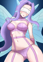 Rule 34 | 1girl, ass, curvy, digimon, digimon (creature), facing viewer, fairimon, fairy, fairy wings, female focus, gloves, highres, long hair, mask, purple hair, revealing clothes, solo, thong, wide hips, wings