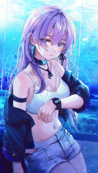 Rule 34 | 1girl, absurdres, aquarium, arm strap, bare shoulders, bbeedol, black choker, black jacket, blue theme, breasts, choker, cleavage, commission, cowboy shot, crop top, eyes visible through hair, highres, hip vent, huge filesize, jacket, long hair, long sleeves, looking at viewer, medium breasts, midriff, navel, off shoulder, open clothes, open jacket, original, pixiv commission, purple eyes, purple hair, shirt, short shorts, shorts, side-tie peek, skindentation, sleeveless, sleeveless shirt, solo, spaghetti strap, stomach, watch, white shirt, white shorts, wristwatch