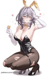Rule 34 | :p, akanbe, animal ears, black footwear, black pantyhose, blush, bow, bowtie, breasts, chinoa, cleavage, collar, condom, condom wrapper, detached collar, elbow gloves, eyelid pull, fake animal ears, gloves, hair between eyes, heart, highres, honkai: star rail, honkai (series), large breasts, leotard, long hair, looking at viewer, pantyhose, patreon username, playboy bunny, rabbit ears, simple background, skindentation, stelle (honkai: star rail), sweat, thigh strap, tongue, tongue out, torn clothes, torn pantyhose, trailblazer (honkai: star rail), white background, white collar, white gloves, white hair, yellow bow, yellow bowtie, yellow eyes