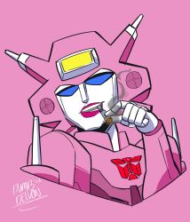 Rule 34 | 1girl, absurdres, autobot, blue eyes, cigar, cigarette, colored skin, dumbdelvon, elita one, helmet, highres, humanoid robot, looking at viewer, mechanical parts, pink background, pink lips, robot, smoking, solo, transformers, transformers: generation 1, upper body, white skin