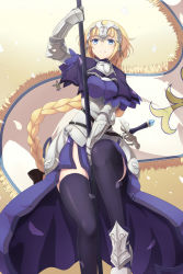 Rule 34 | 1girl, armor, between thighs, blonde hair, braid, fate/apocrypha, fate/grand order, fate (series), flag, flagpole, gauntlets, grin, highres, jeanne d&#039;arc (fate), jeanne d&#039;arc (ruler) (fate), long hair, reibun (raven1119), single braid, smile, solo, sword, thighhighs, weapon, zettai ryouiki