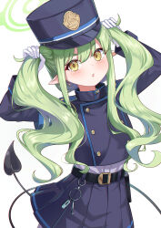 Rule 34 | 1girl, black hat, black jacket, black skirt, black tail, blue archive, blush, cowboy shot, demon tail, gloves, green hair, green halo, halo, hat, highres, hikari (blue archive), holding, holding own hair, jacket, long hair, long sleeves, looking at viewer, open mouth, peaked cap, pleated skirt, pointy ears, shinori (efvbji6264), simple background, skirt, solo, tail, white background, white gloves, yellow eyes