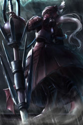 Rule 34 | 1girl, armor, armored boots, armored dress, boots, dress, feather hair ornament, feathers, floating hair, from below, gauntlets, feather hair ornament, helmet, holding, holding weapon, long hair, looking at viewer, looking back, night, outdoors, overlord (maruyama), pink hair, rain, red dress, red eyes, shalltear bloodfallen, solo, tagame (tagamecat), weapon, white feathers