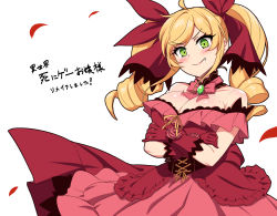 Rule 34 | 1girl, ahoge, blonde hair, bow, breasts, brooch, cleavage, cranberry spencer, dress, drill hair, fang, gloves, green eyes, hair bow, highres, isekai shinige ojousama, jewelry, layered dress, long hair, looking at viewer, mole, mole on breast, off-shoulder dress, off shoulder, oyaji-sou, red dress, red gloves, solo, twin drills, twintails