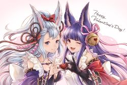 Rule 34 | 2girls, alternate costume, animal ears, apron, bell, black hair, blue eyes, blush stickers, breasts, chocolate, cleavage, detached sleeves, erune, fang, fang out, gloves, granblue fantasy, hair ribbon, heart, long hair, multiple girls, official art, one eye closed, pink hair, ribbon, silver hair, smile, societte (granblue fantasy), wide sleeves, yuel (granblue fantasy)