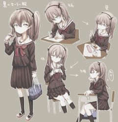 Rule 34 | 1girl, :t, alternate costume, arrow (symbol), bag, bento, black ribbon, black shirt, black skirt, black socks, blouse, bored, brown eyes, cellphone, chopsticks, closed mouth, commentary, cropped legs, desk, eating, from side, girls und panzer, grey background, hair ribbon, hand in own hair, head rest, highres, holding, holding chopsticks, holding pencil, holding phone, kneehighs, light brown hair, light frown, long hair, long sleeves, looking at viewer, looking down, medium skirt, milk carton, multiple views, neckerchief, no shoes, one side up, pencil, phone, pleated skirt, red neckerchief, ribbon, school bag, school desk, school uniform, serafuku, shibagami, shimada arisu, shirt, shoes, sitting, skirt, smartphone, socks, standing, translated, uwabaki