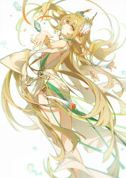 Rule 34 | 1girl, alternate costume, arknights, blonde hair, chinese commentary, commentary request, crystal, dress, elf, feet out of frame, floating hair, green ribbon, indai (3330425), long dress, long hair, looking at viewer, mole, mole under eye, muelsyse (arknights), outstretched arm, outstretched hand, parted lips, pointy ears, ribbon, side slit, sleeveless, sleeveless dress, solo, turning head, very long hair, white background, white dress, yellow eyes