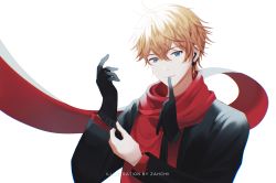 Rule 34 | 1boy, absurdres, artist name, black gloves, black jacket, blue eyes, earrings, genshin impact, glove in mouth, glove pull, gloves, highres, jacket, jewelry, looking at viewer, male focus, mouth hold, orange hair, red scarf, scarf, short hair, solo, tartaglia (genshin impact), upper body, zahchii (airiakasaki)