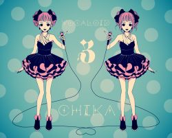 Rule 34 | 1girl, ankle boots, aqua background, bare arms, black bow, black dress, blunt bangs, boots, bow, character name, chika (vocaloid), closed mouth, commentary request, copyright name, double bun, dress, earrings, fingernails, frilled dress, frills, full body, hair bow, hair bun, hair ribbon, holding, holding microphone, jewelry, kiyozumi, limited palette, lipstick, looking at viewer, makeup, microphone, pink hair, polka dot, polka dot background, ribbon, sleeveless, sleeveless dress, standing, symmetry, vocaloid