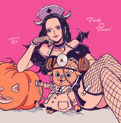 Rule 34 | 1boy, 1girl, antlers, black dress, black hair, choker, commentary request, dated, detached sleeves, dress, fishnet thighhighs, fishnets, hand on another&#039;s head, hatch (8cco), holding, holding stethoscope, horns, long hair, looking at viewer, looking to the side, nico robin, one piece, pink background, pink lips, pumpkin, reindeer antlers, simple background, stethoscope, syringe, thighhighs, tony tony chopper, wings