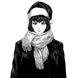 Rule 34 | 1girl, blush, closed mouth, cross, eyelashes, fur-trimmed headwear, fur trim, greyscale, hat, hatching (texture), highres, long eyelashes, looking at viewer, medium hair, monochrome, original, patterned, patterned clothing, santa hat, scarf, simple background, solo, tobita nikiichi, upper body, white background