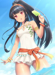 Rule 34 | 1girl, :o, armlet, bare shoulders, black hair, bracelet, breasts, cowboy shot, criss-cross halter, day, food, gluteal fold, hairband, halterneck, highres, jewelry, long hair, looking at viewer, o-ring, one-piece swimsuit, original, outdoors, ponytail, popsicle, red eyes, sasaame, sash, small breasts, solo, star (symbol), swimsuit, wading, white one-piece swimsuit