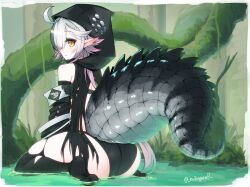 Rule 34 | 1girl, :o, ahoge, arknights, artist name, ass, black hood, crocodilian tail, detached sleeves, full body, green background, grey hair, highres, hood, hood up, large tail, long hair, long sleeves, looking at viewer, looking back, mikagura, outdoors, pointy ears, reptile girl, sitting, solo, star-shaped pupils, star (symbol), symbol-shaped pupils, tail, thighhighs, tomimi (arknights), torn clothes, torn thighhighs, twitter username, wariza, water, wetland