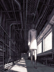 Rule 34 | barefoot, from behind, from below, greyscale, hallway, highres, hood, industrial pipe, iwai ryou, machine, monochrome, solo, sunlight, walking