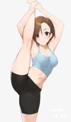 Rule 34 | 1girl, absurdres, armpits, arms up, bare arms, bare legs, bare shoulders, barefoot, bike shorts, blush, breasts, brown eyes, brown hair, cleavage, closed mouth, collarbone, commentary request, eyes visible through hair, feet out of frame, hair over one eye, highres, idolmaster, idolmaster cinderella girls, kneepits, leg up, looking at viewer, medium breasts, mizuki seira, navel, onao, short hair, simple background, solo, split, sports bra, standing, standing on one leg, stomach, thighs, white background