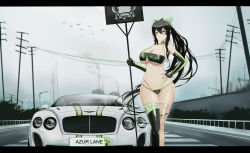 Rule 34 | 1girl, absurdres, alternate costume, alternate hairstyle, azur lane, bentley, bentley continental gt, bikini, bird, black hair, bow, breasts, car, chimney, cleavage, copyright name, cowboy shot, elbow gloves, gloves, green eyes, green nails, hair bow, hair ribbon, hand on own hip, highres, indomitable (azur lane), kcar66t, large breasts, license plate, long hair, motor vehicle, nail polish, ponytail, product placement, race queen, ribbon, road, royal navy emblem (azur lane), see-through, sign, swimsuit, thighhighs, underboob, very long hair