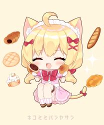 Rule 34 | 1girl, ^ ^, ahoge, animal ears, apron, baguette, blonde hair, blush, bow, bread, brown background, brown footwear, cat ears, cat girl, cat tail, chibi, chocolate cornet, closed eyes, collared shirt, facing viewer, food, frilled apron, frilled skirt, frills, gloves, hair between eyes, hair bow, hair ornament, hairclip, hands up, heart, highres, holding, holding food, knees up, long hair, low twintails, maid headdress, original, pink shirt, pink skirt, pleated skirt, puffy short sleeves, puffy sleeves, red bow, shikito (yawa0w0), shirt, shoes, short sleeves, simple background, skirt, socks, solo, sparkle, squatting, striped clothes, striped socks, tail, tail bow, tail ornament, translation request, twintails, vertical-striped clothes, vertical-striped socks, very long hair, waist apron, white apron, white gloves, x hair ornament