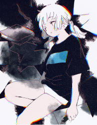 Rule 34 | 1girl, absurdres, black shirt, book, chromatic aberration, foot out of frame, highres, holding, holding pencil, huge filesize, no nose, original, pencil, shirt, short hair, short sleeves, shorts, sion 0d1m, solo, twintails, white hair, white shorts