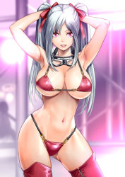 Rule 34 | 1girl, armpits, arms behind head, arms up, artist name, bikini, boots, breasts, chain, contrapposto, cowboy shot, gluteal fold, goggles, goggles around neck, groin, hair ribbon, highleg, highleg bikini, highres, indoors, large breasts, lips, long hair, looking at viewer, medium breasts, navel, original, parted lips, red bikini, red eyes, red thighhighs, revision, ribbon, saigado, shiny clothes, shiny skin, signature, silver hair, skindentation, solo, standing, swimsuit, thigh boots, thighhighs, twintails, underboob, wide hips, zipper