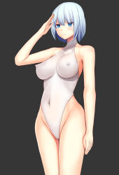 Rule 34 | 1girl, black background, blue eyes, blue hair, blush, breasts, closed mouth, covered erect nipples, covered navel, cowboy shot, daiaru, female focus, groin, hand up, highres, large breasts, legs, leotard, looking at viewer, original, salute, senhime bad ending ii, short hair, simple background, solo, standing, thighs, white leotard