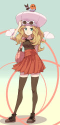 1girl bag bird black_footwear black_shirt black_thighhighs brown_hair caitlin_(pokemon) cosplay creatures_(company) fletchling game_freak gen_6_pokemon green_eyes handbag hat long_hair looking_at_viewer nintendo nyjee pink_hat pleated_skirt pokemon pokemon_(creature) pokemon_bw pokemon_xy red_skirt serena_(pokemon) serena_(pokemon)_(cosplay) shirt shoes skirt sleeveless sleeveless_shirt sunglasses thighhighs white-framed_eyewear