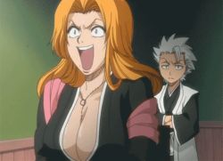 Rule 34 | 1boy, 1girl, animated, animated gif, black kimono, bleach, bouncing breasts, breasts, cleavage, collarbone, crossed arms, haori, hitsugaya toushirou, huge breasts, inner sideboob, japanese clothes, jewelry, kimono, large breasts, long hair, matsumoto rangiku, mole, mole under mouth, necklace, no bra, open mouth, orange hair, shinigami, surprised, tagme, underboob, white hair