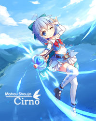 Rule 34 | 1girl, \m/, ahoge, blue eyes, blue hair, cirno, hair ornament, hair ribbon, highres, langbazi, looking at viewer, magical girl, mary janes, matching hair/eyes, midriff, navel, one eye closed, ribbon, shoes, short hair, smile, solo, thighhighs, touhou, wand, wings