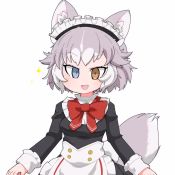 Rule 34 | 1girl, alternate costume, animal ears, animated, apron, arms at sides, bow, bowtie, buttons, chibi, commentary request, dog (mixed breed) (kemono friends), dog ears, dog girl, dog tail, dress, ear wiggle, enmaided, fang, frills, grey hair, kemono friends, long sleeves, looking at viewer, maid, maid apron, maid headdress, multicolored hair, open mouth, short hair, simple background, smile, solo, tail, tail wagging, taro (tontaro), two-tone hair, upper body, video, waist apron, white background, white hair