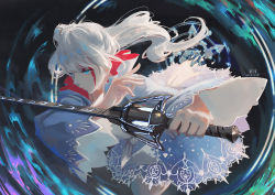 Rule 34 | 1girl, blue dress, blue eyes, commentary, dated, dress, expressionless, fighting stance, floating hair, high collar, holding, holding sword, holding weapon, left-handed, long hair, long sleeves, magic circle, myrtenaster, ponytail, rapier, rwby, scar, scar across eye, scar on face, side ponytail, signature, solo, sword, weapon, weiss schnee, white hair, wide sleeves, xiaobanbei milk