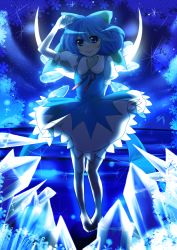 Rule 34 | 1girl, arm behind back, barefoot, blue eyes, blue hair, blue theme, bow, cirno, crystal, dress, female focus, full body, gradient background, hair bow, highres, himeno yuka, ice, lake, matching hair/eyes, night, outdoors, short hair, sky, snowflakes, solo, star (sky), starry sky, touhou, water, wings