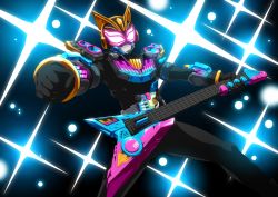 Rule 34 | 1girl, animal ears, axe, beat axe, beat buckle, belt, black background, black bodysuit, bodysuit, cat ears, clenched hand, desire driver, driver (kamen rider), earpiece, glowing, glowing eyes, guitar, highres, holding, holding instrument, instrument, kamen rider, kamen rider geats (series), kamen rider na-go, keytar, looking at viewer, microphone, music, otokamu, pink eyes, playing instrument, raise buckle, sparkle, tokusatsu