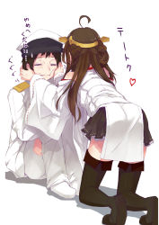 Rule 34 | 10s, 1boy, 1girl, admiral (kancolle), ahoge, all fours, bad id, bad pixiv id, blush, boots, brown hair, detached sleeves, heart, highres, japanese clothes, kantai collection, kongou (kancolle), long hair, military, military uniform, ribbon-trimmed sleeves, ribbon trim, simple background, sitting, skirt, thigh boots, thighhighs, uniform, white background, yuui hutabakirage