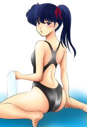 Rule 34 | 1girl, absurdres, ass, barefoot, black eyes, black hair, black one-piece swimsuit, blue background, competition swimsuit, from behind, gradient background, hair ribbon, highres, kunou kodachi, lips, long hair, looking at viewer, nanao futaba, one-piece swimsuit, ranma 1/2, red ribbon, ribbon, side ponytail, sitting, solo, swimsuit, towel, wariza, white background, white towel